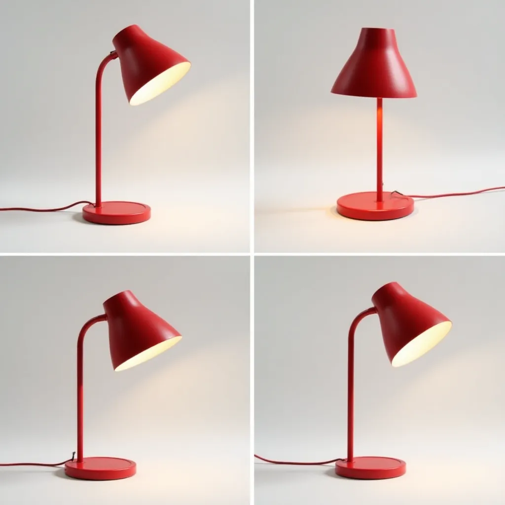 Four generated views of a red desk lamp from different angles