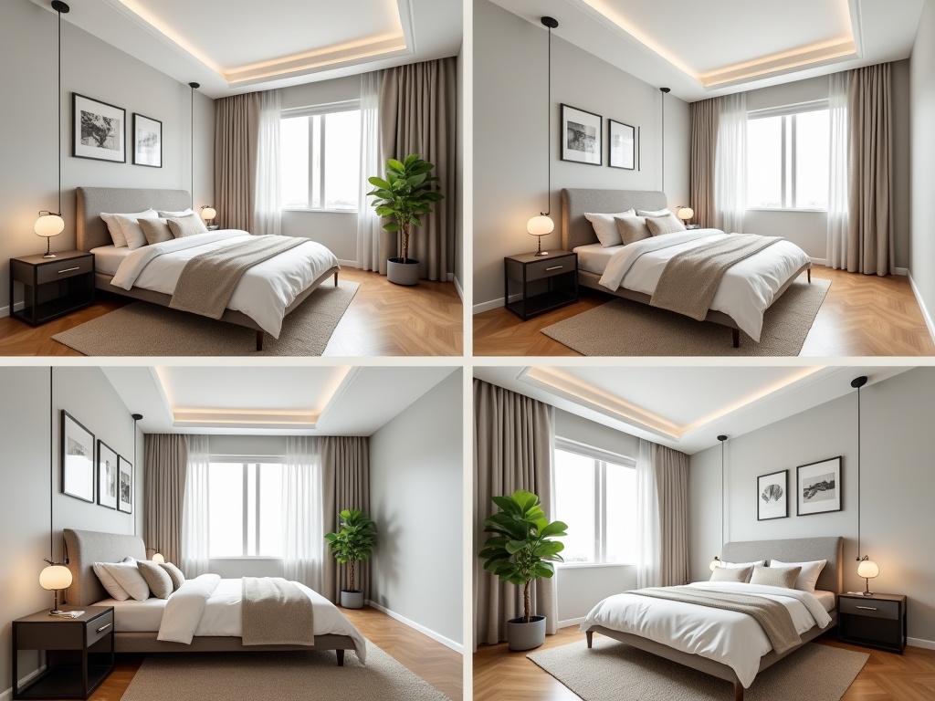 Four generated views of a bedroom interior from different angles