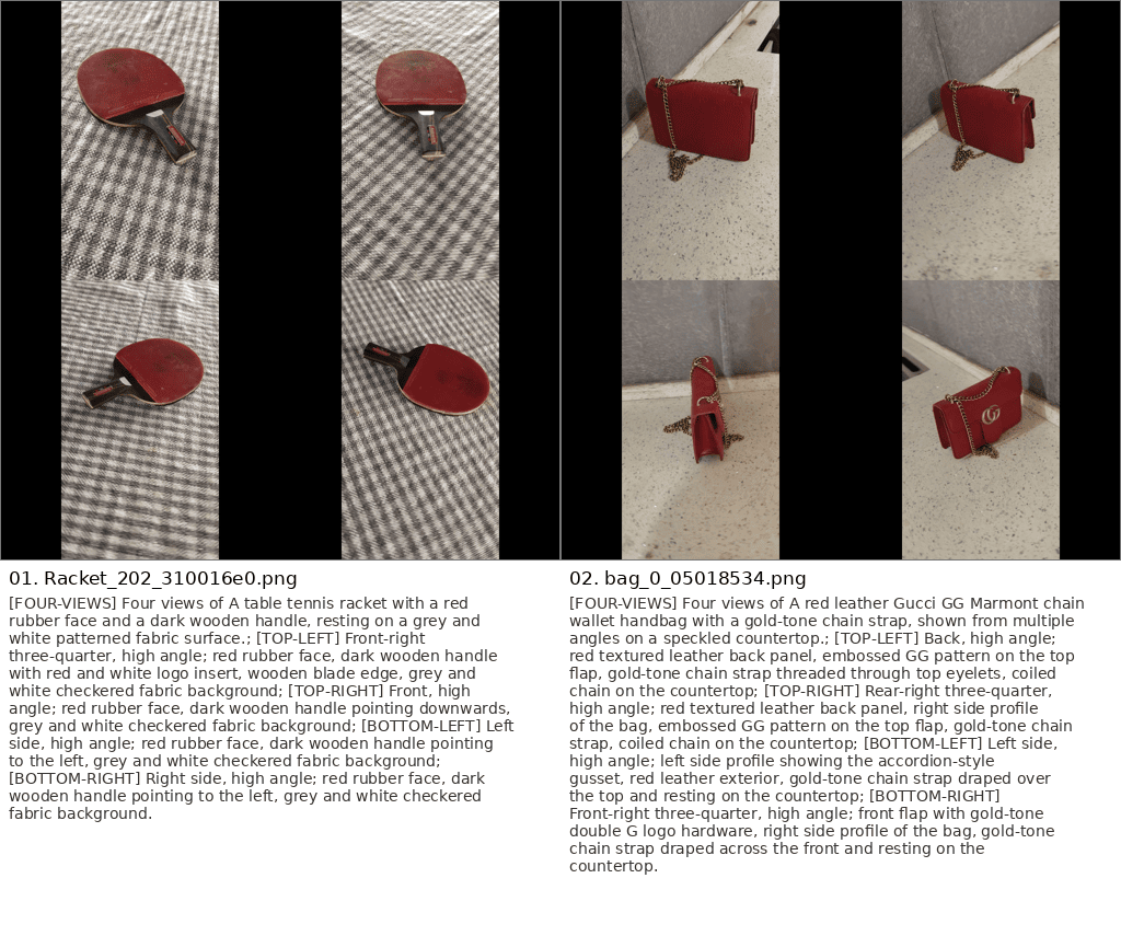 Sanity-check contact sheet showing two accepted four-view composites (a table tennis racket and a red handbag) next to their structured Gemini-generated captions